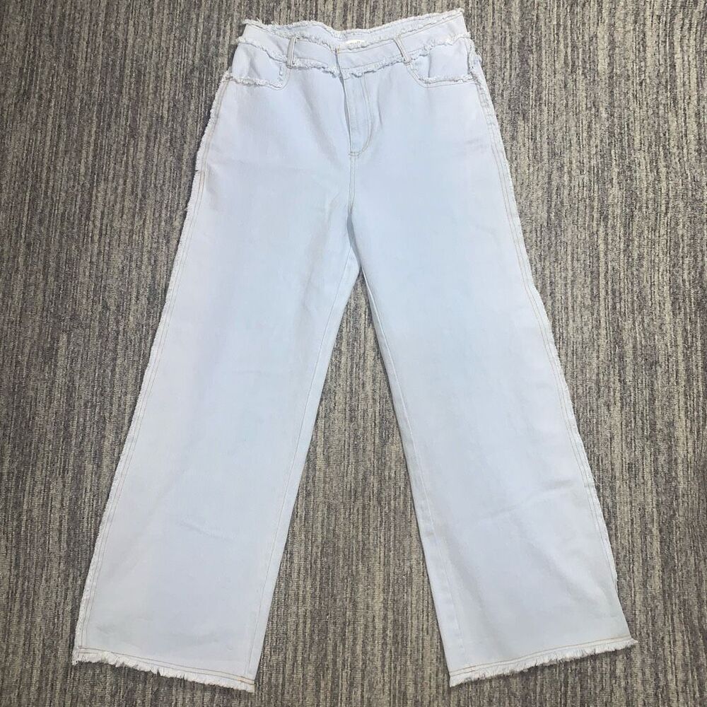 NWOT Mello LA Women's Large Light Blue Wash Frayed Seams Wide Leg‎ Jeans Baggy